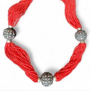 Red Beaded Necklace with Silver Accents